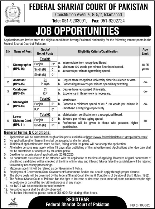 Jobs in Federal Shariat Court of Pakistan Islamabad